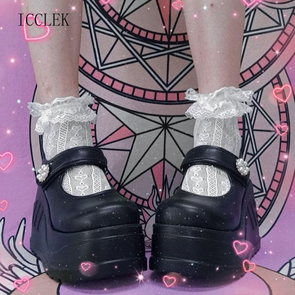 

dress shoes icclek 2021 women's pumps mary janes platform wedges high heels bead lolita jk women womens, Black