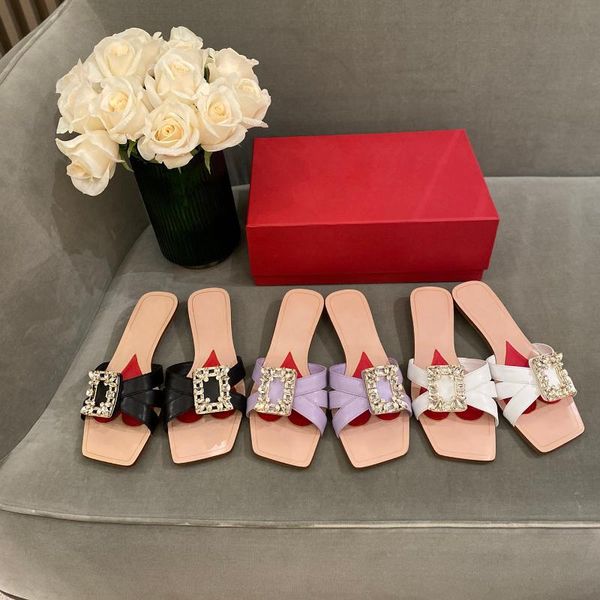 

slippers 2021 women summer outside slides crystal shoes genuine leather hollow square toe slipper low heel, Black