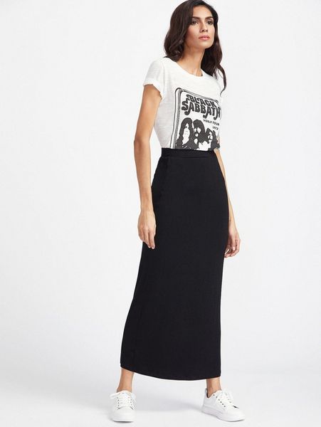 

elastic waist longline jersey skirt c8tz#, Black