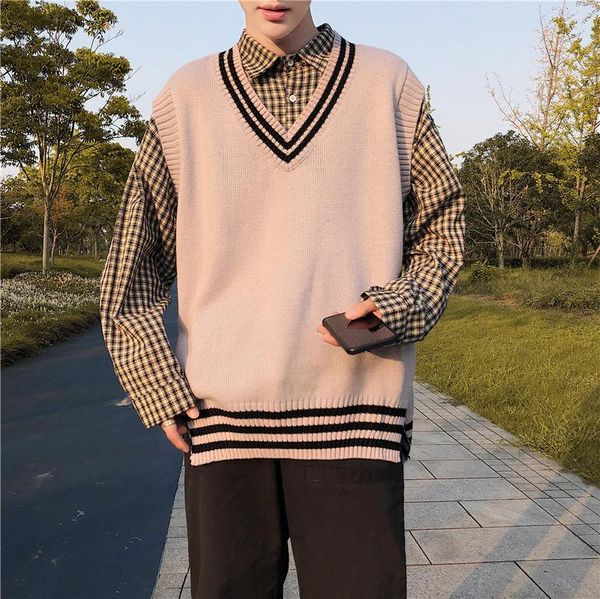 

hong kong style men's spring and autumn loose fashion striped sweater vest male trend student casual all-match vests, Black;white