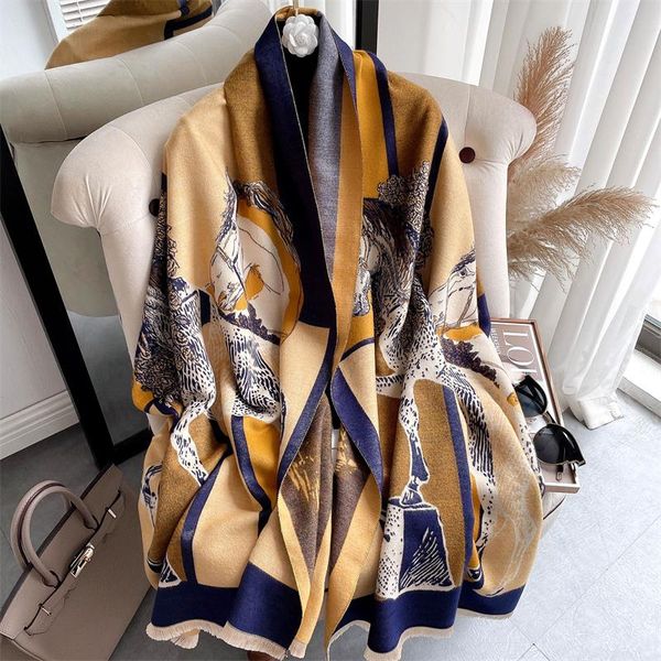

scarves 2021 winter cashmere scarf women horse shawls fashion pashmina thick warm wraps female geometric print blanket, Blue;gray