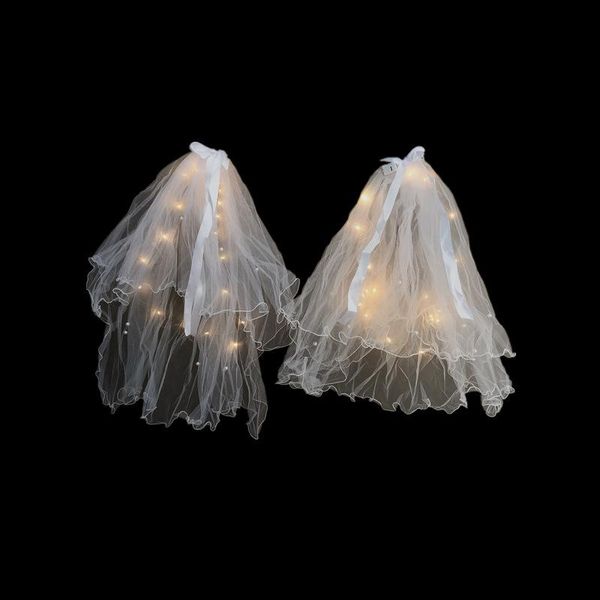 

party hats 2021 led luminous veil length 80cm light up glowing yarn fairy ribbon bow with lights strings for wedding bridal