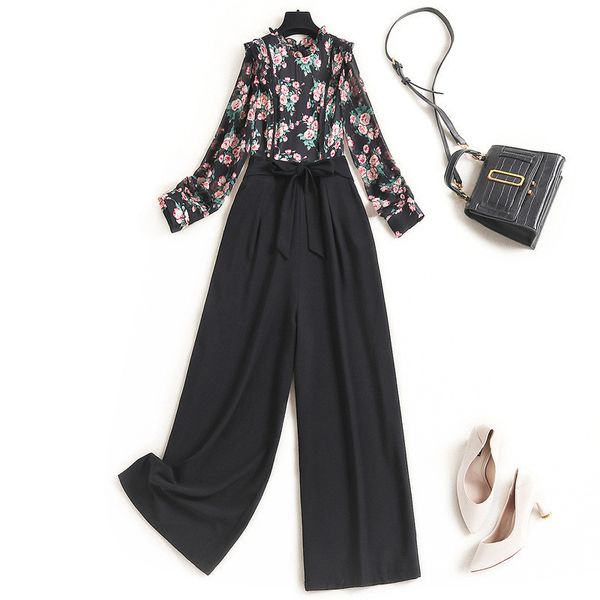 

casual dresses runway fashion spring female floral printing chiffon shredded overalls legged 3k0l, Black;gray