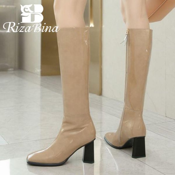 

boots rizabina women knee high real leather square toe long ladies fashion cool heel footwear size 34-40, Black