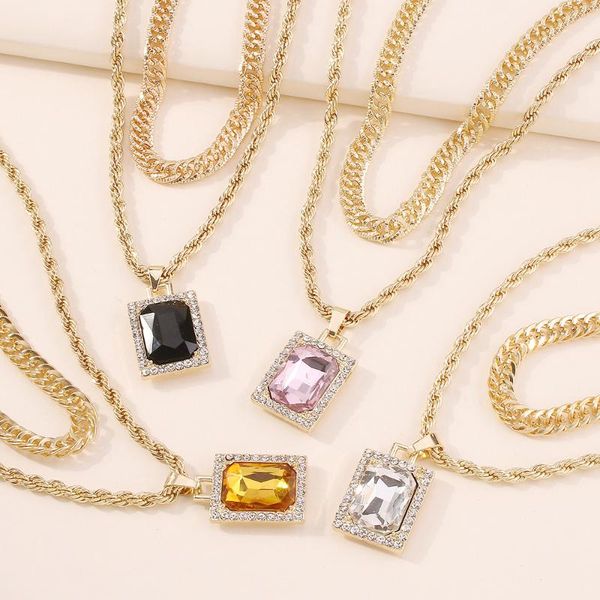 

fashion double square cz zircon geometric necklace pendants simple clavicle chain for female jewelry chains, Silver