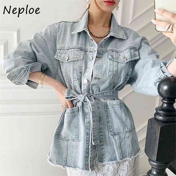 

turn down collar long sleeve denim jacket women slim waist sashes solid coat femme spring outwear loose 210422, Black;brown