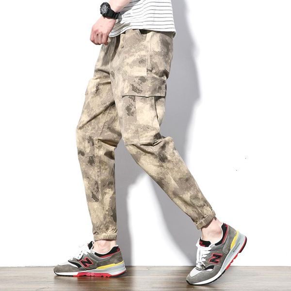 

men's pants men cargo loose multi-pocket camouflage casual cotton straight overalls male trousers legible, Black