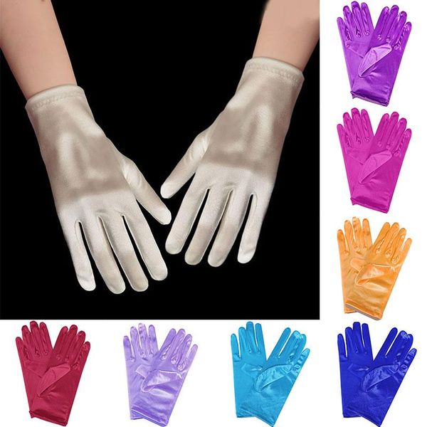 

five fingers gloves girl lady satin short finger wrist smooth evening party formal prom costume stretch red white etiquette glove, Blue;gray