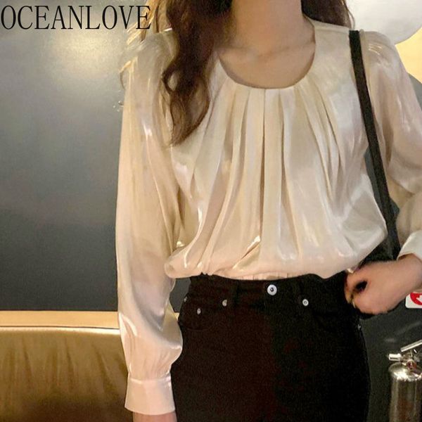 

office lady woman and blouses solid o neck pleated puff sleeve blusas vintage korean spring ropa mujer 19465 210415, White