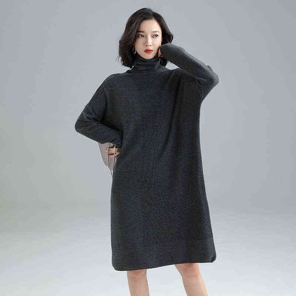 

casual dresses autumn and winter high neck pullover loose cover meat lazy wind solid color knee length sleeve women's wool bottomed kni, Black;gray