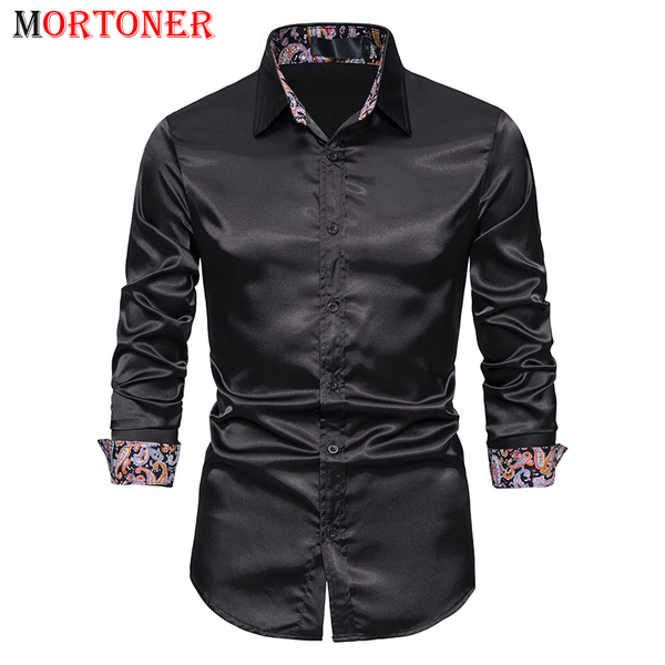 

men's casual shirts luxury black silk satin mens dress brand paisley patchwork long sleeve shirt men wedding party prom tuxedo chemise, White;black