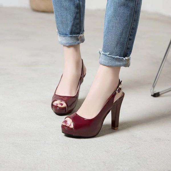 

dress shoes women high heels party platform fish mouth spring pumps woman patent leather slip on square female red, Black