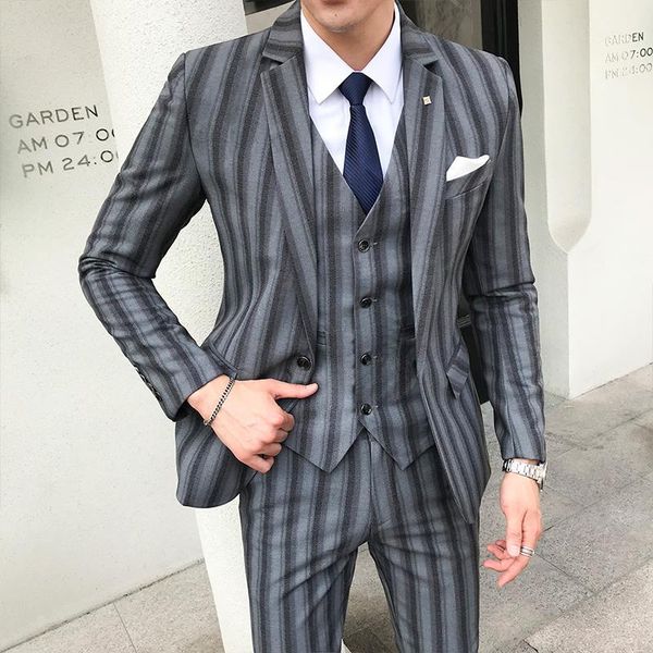 

men's suits & blazers 2021 business men suit fashion big stripes single button slim fit set jacket, vest, and trousers high-quality, White;black