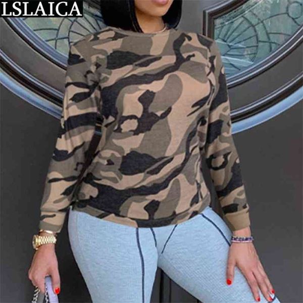 

winter woman tshirts fashion long sleeve streetwear loose t shirt casual oneck camouflage print ladies chic mujer camisetas 210515, White