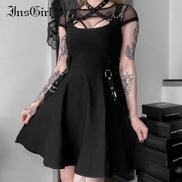 

casual dresses insgirl harajuku punk mesh patchwork dress women mall goth vintage streetwear hollow out see through a-line partywear, Black;gray