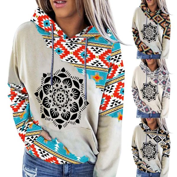 

women's hoodies & sweatshirts 2021 vintage hoodie women western ethnic print sweatshirt casual aztec long sleeve pullover shirt harajuk, Black