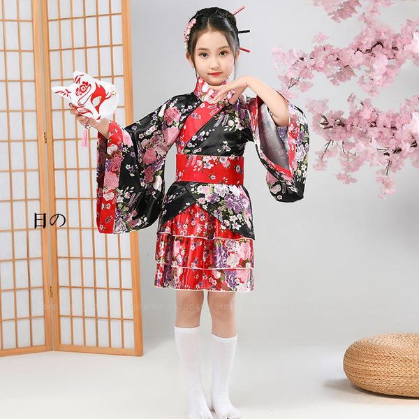 

ethnic clothing japanese anime kimono dress kids girls geisha print sakura yukata robes cute lolita tea party cosplay costume asian streetwe, Red