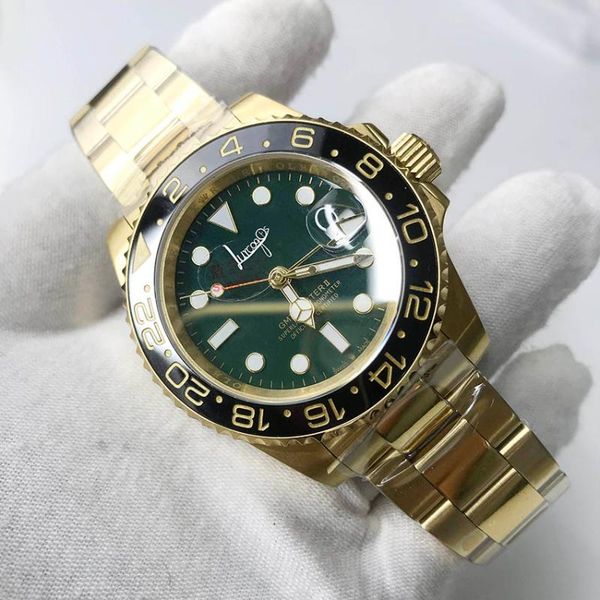 

green dial 18k gold gmt watch ceramic bezel sapphire glass mechanical automatic movement luxury sports jubilee watches wristwatches, Slivery;brown