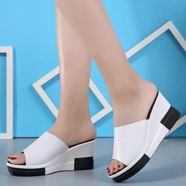 

summer fashion 7.5cm leather sandals women peep toe casual black white height increasing platform wedges slides female