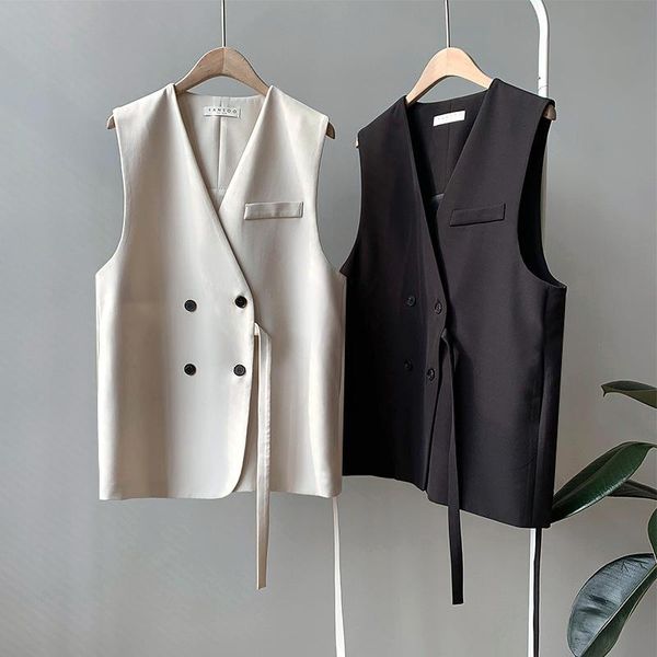 

women's vests hlhpyhb spring fashion female slim vest coat waist belt korean v neck blazer loose casual vintage feminine autumn, Black;white