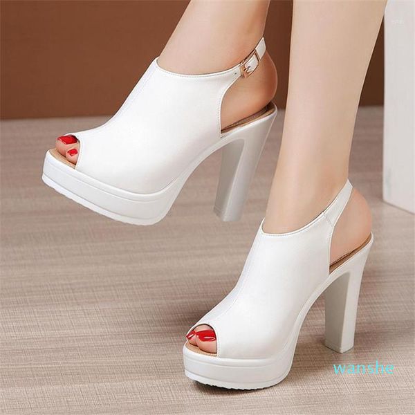 

fashion-summer women sandals fish mouth platform high heels buckle strap leisure elegant sandal dress shoes, Black