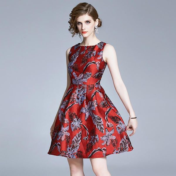 

casual dresses 2021 summer royal vintage hepburn princess party red jacquard flower floral print robe high waist mini tank dress, Black;gray