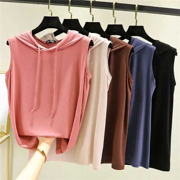 BF Stil Modal Hoodie Kadın Artı Boyutu 2021 Yaz Yeni Kore Tarzı Ince Kolsuz Gevşek Üst Düz Renk Rahat Çift T-shirt Y0621