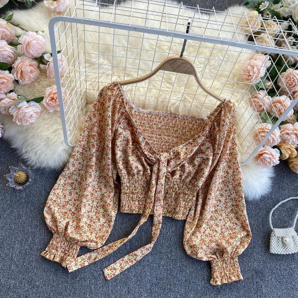 

singreiny women elastic ruched blouse spring drawstring v neck puff sleeve short korean chiffon floral print blouses 210419, White