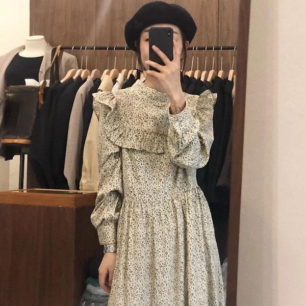 

casual dresses stand collar ruffles high waist draped woman dress vintage chic floral print long sleeve vestidos elegant temperament robe, Black;gray