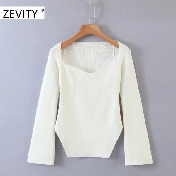 

zevity women square collar solid knitting casual slim sweater female long sleeve side split pullover s385 210419, White;black