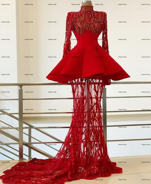 Yüksek Boyun Kırmızı Kısa Gelinlik Modelleri 2022 Lüks Boncuklu Inciler Uzun Kollu Kabarık Etek Cosplay Diz Boyu Kokteyl Akşam elbise
