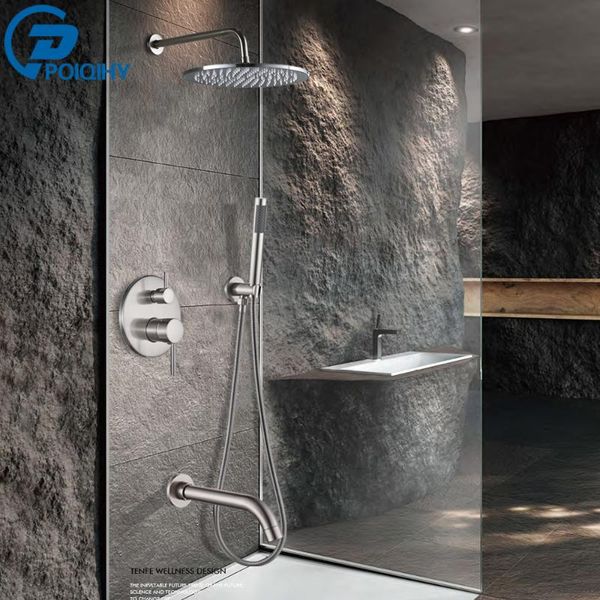 

brushed nickel shower faucet bathroom rainfall mixer tap wall mounted bath dual handle with hand spray sets