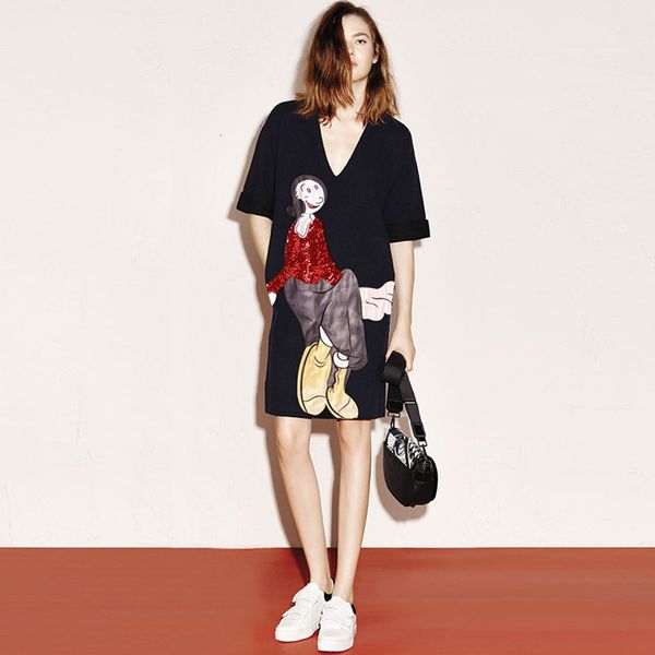 

casual dresses european television: emrboidery sequins loose v neck ed summer short sleeve pattern cartoon shirt d090, Black;gray