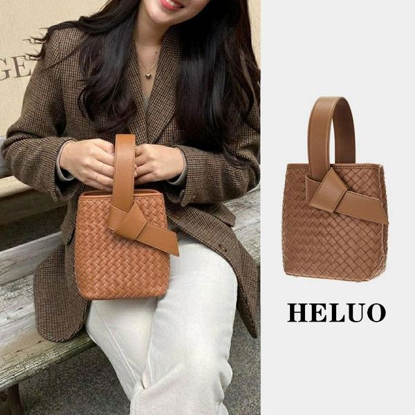 

evening bags small handbag european style quality pu leather woven lace up women's shoulder bag fashion versatile female's bucket