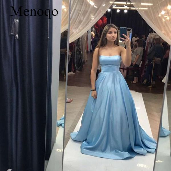 

party dresses light blue satin a-line prom strapless girls graduation simple long gowns vestidos formatura, White;black