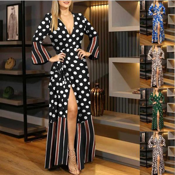 

casual dresses 2021 autumn winter women leopard printing ankle-length dress lady deep v-neck full sleeve lace-up high split party, Black;gray