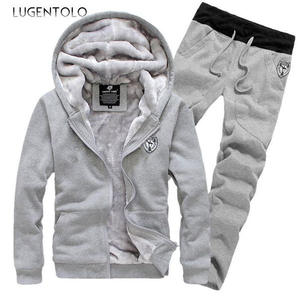 

men's tracksuits lugentolo two piece set men autumn long sleeve sport plus thick korean hooded zipper solid pants casual sets, Gray