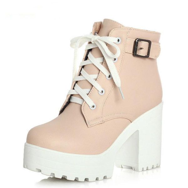 

boots autumn women casual shoes high heel round toe buckle fashion square heels lacing big size c1-75, Black