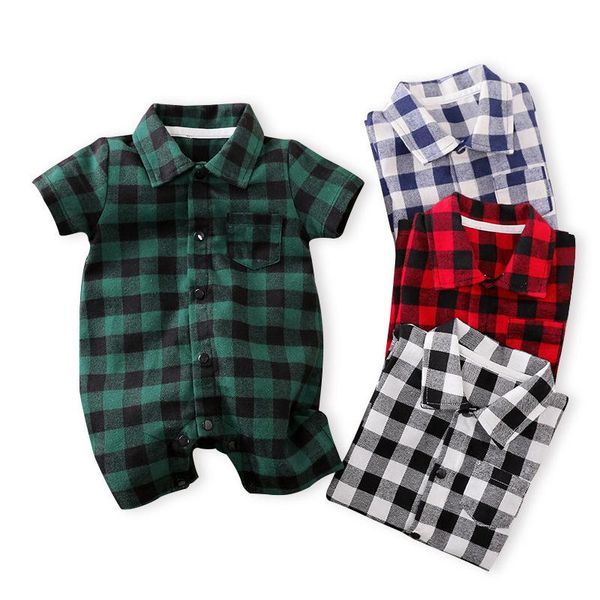 

summer born baby boy plaid romper short sleeve infant jumpsuit toddler kids outfit clothes thing jumpsuits, Blue