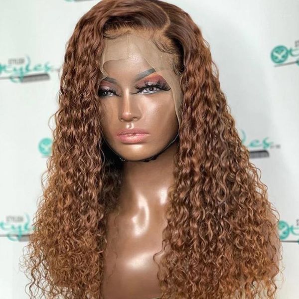 

150% brown 13x6 transparent lace front human hair wigs with baby glueless curly silk full side part remy1, Black;brown