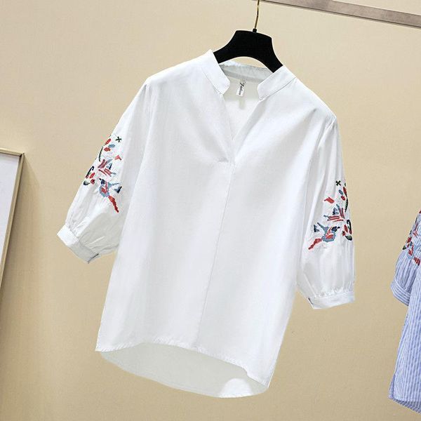 

plus size womens shirts ladies embroidery puff sleeve office work white shirt women v neck loose elegant blouse femme