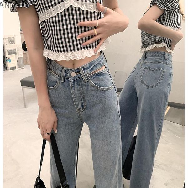 

women's jeans high waist hollow out blue trousers summer 2021 korean loose and slim fashion wide leg