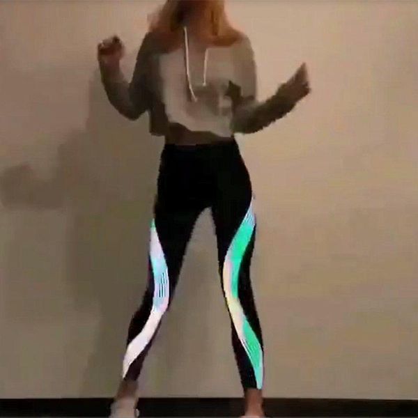 

yoga outfits reflective sport leggings glow workout running tights light stripes laser fitness pants sportswear tracksuit women trousers, White;red