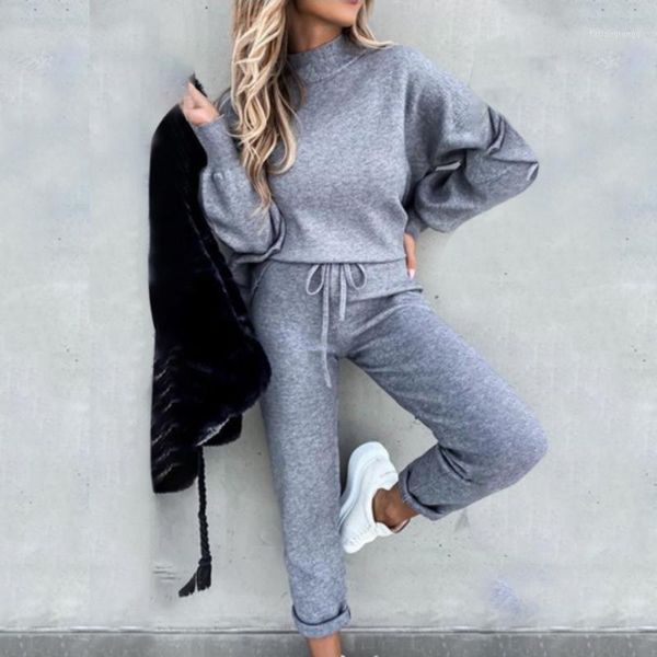 

women's tracksuits autumn winter women solid color lantern sleeve & drawstring pockets design pants 2 pieces set casual loose sets, Gray