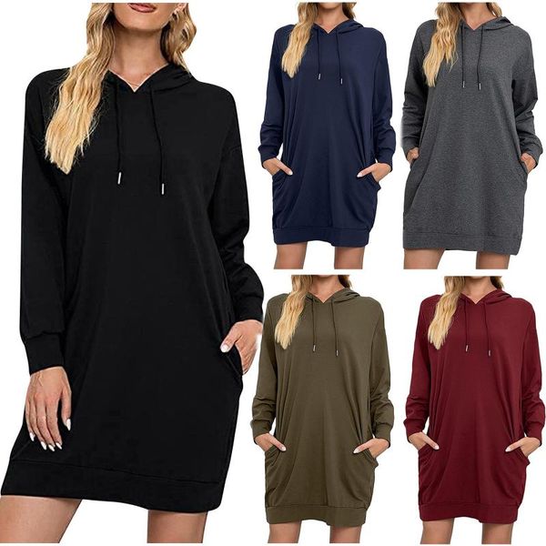 

casual dresses long-sleeve dress women pocket pullover hoodie waist sweatshirt solid harajuku autumn vestidos de mujer, Black;gray