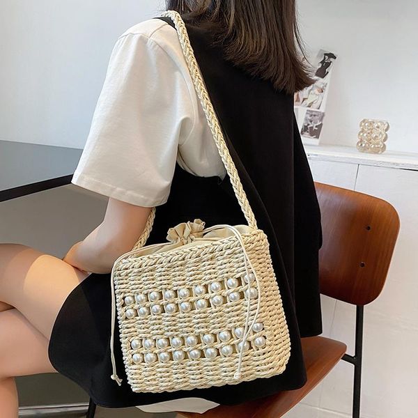 

evening bags summer weave design straw bucket shoulder for women 2021 casual female travel beach bag designer handbags