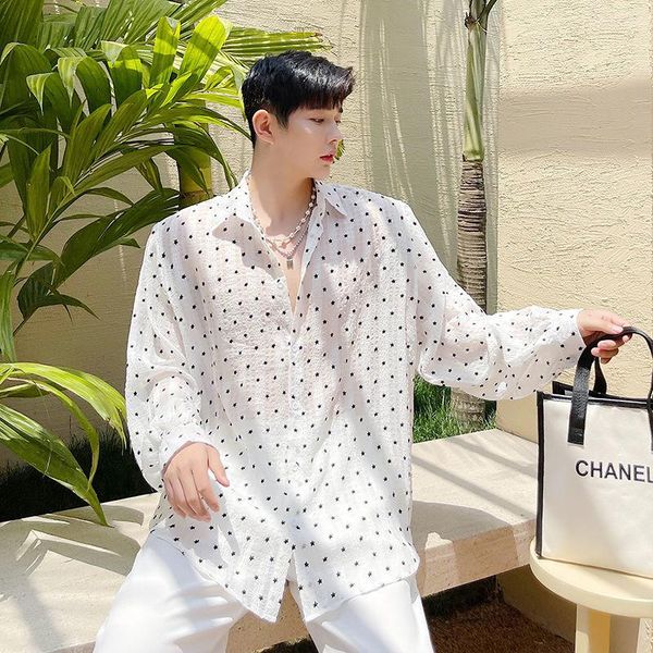 

men's casual shirts summer transparent fancy shirt for men sunscreen polka dot loose trendy nightclub clothing, White;black