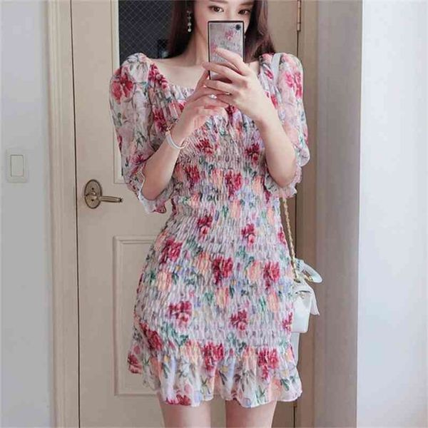 

women patter printed pleated hit color dress square neck short sleeve loose fit fashion summer 210603, Black;gray