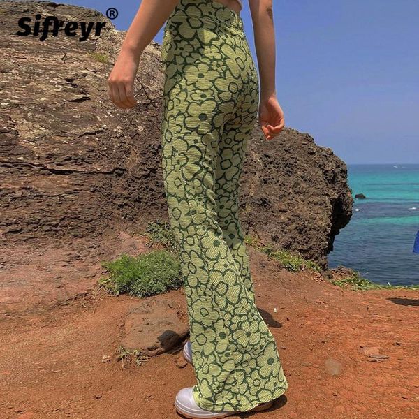 

women's pants & capris sifreyr y2k green flare women floral print high waist fairy grunge femme casual slim trousers 90s vintage street, Black;white