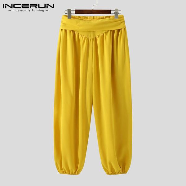 

men's pants 2021 men casual elastic waist streetwear vintage wide leg trousers pockets solid color loose pantalones hombre incerun 5xl, Black